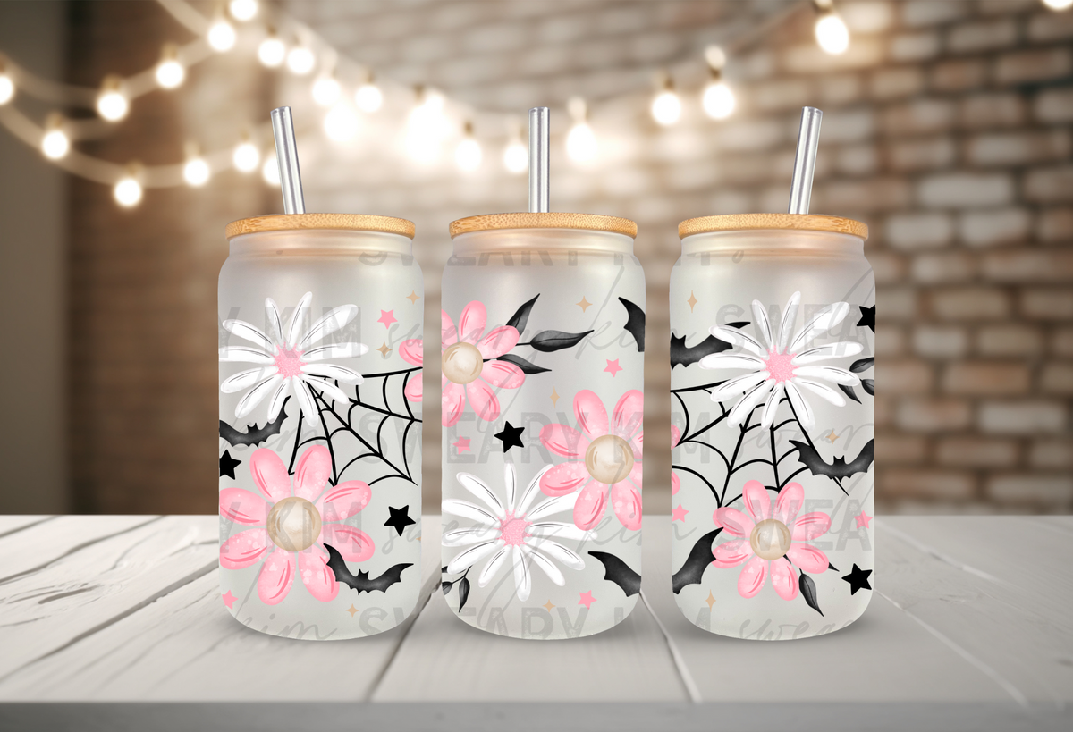 Exclusive Dainty Bats & Flowers UV Dtf 16oz glass can wrap