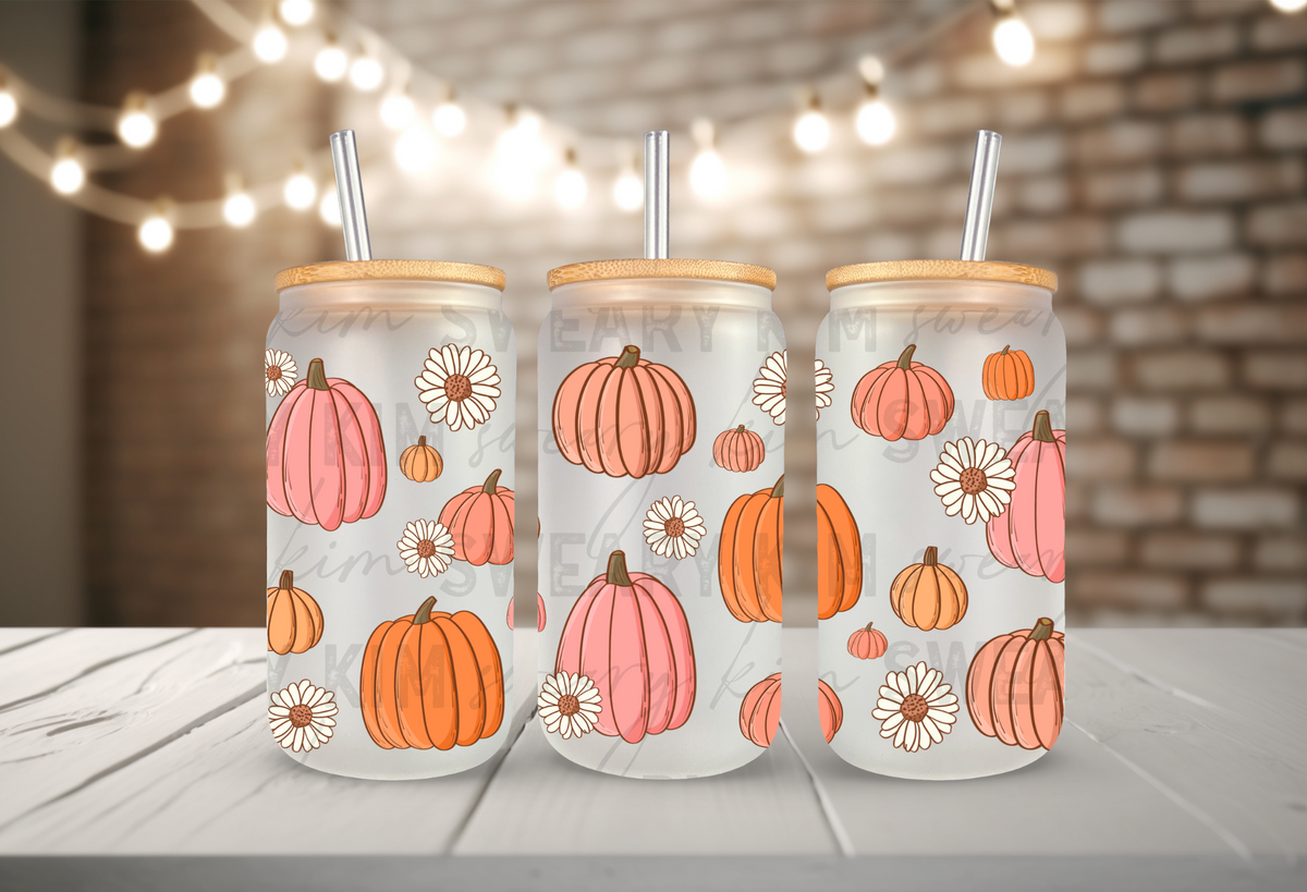 Pink & Orange Pumpkins UV Dtf 16oz glass can wrap