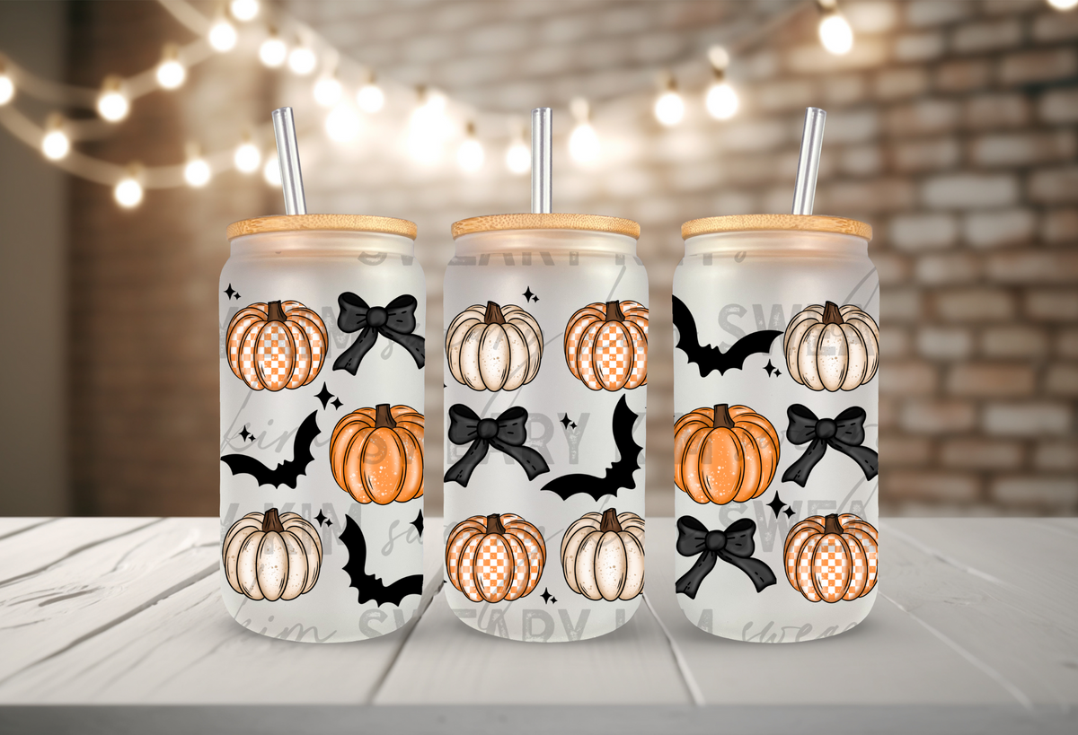 Checkered Pumpkins & Bows UV Dtf 16oz glass can wrap