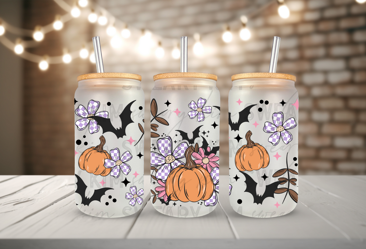 Pumpkins, Bats, & Checkered Flowers UV Dtf 16oz glass can wrap