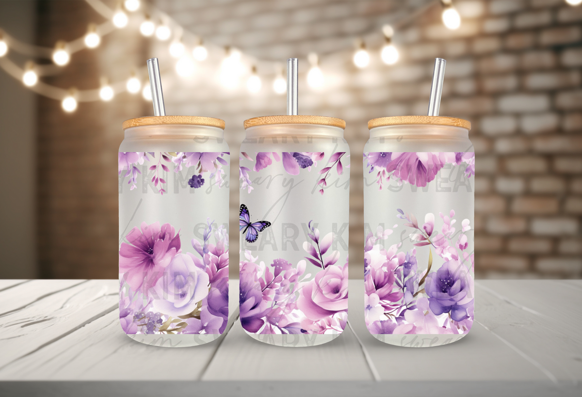 Purple Floral Double Border UV Dtf 16oz glass can wrap