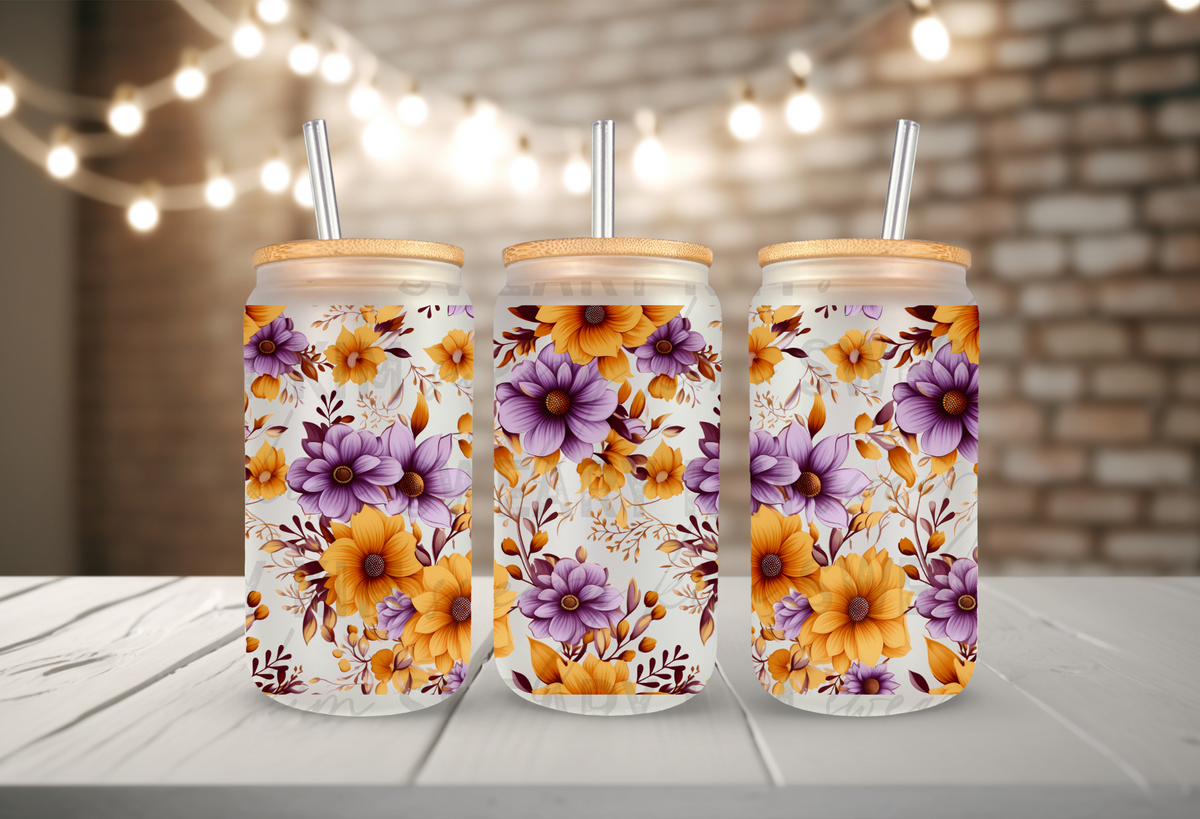 Golden & Purple Flowers UV Dtf 16oz glass can wrap