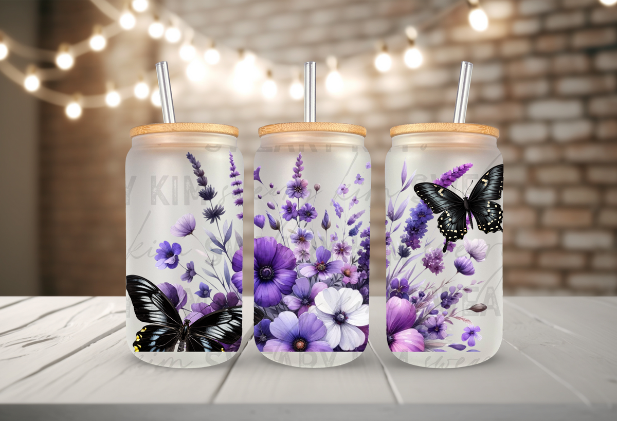 Purple Floral Butterfly Border UV Dtf 16oz glass can wrap