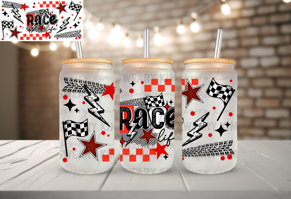 Race Life UV Dtf 16oz glass can wrap