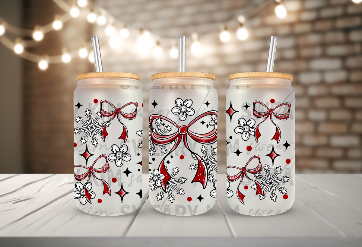 Winter Red Bows UV Dtf 16oz glass can wrap