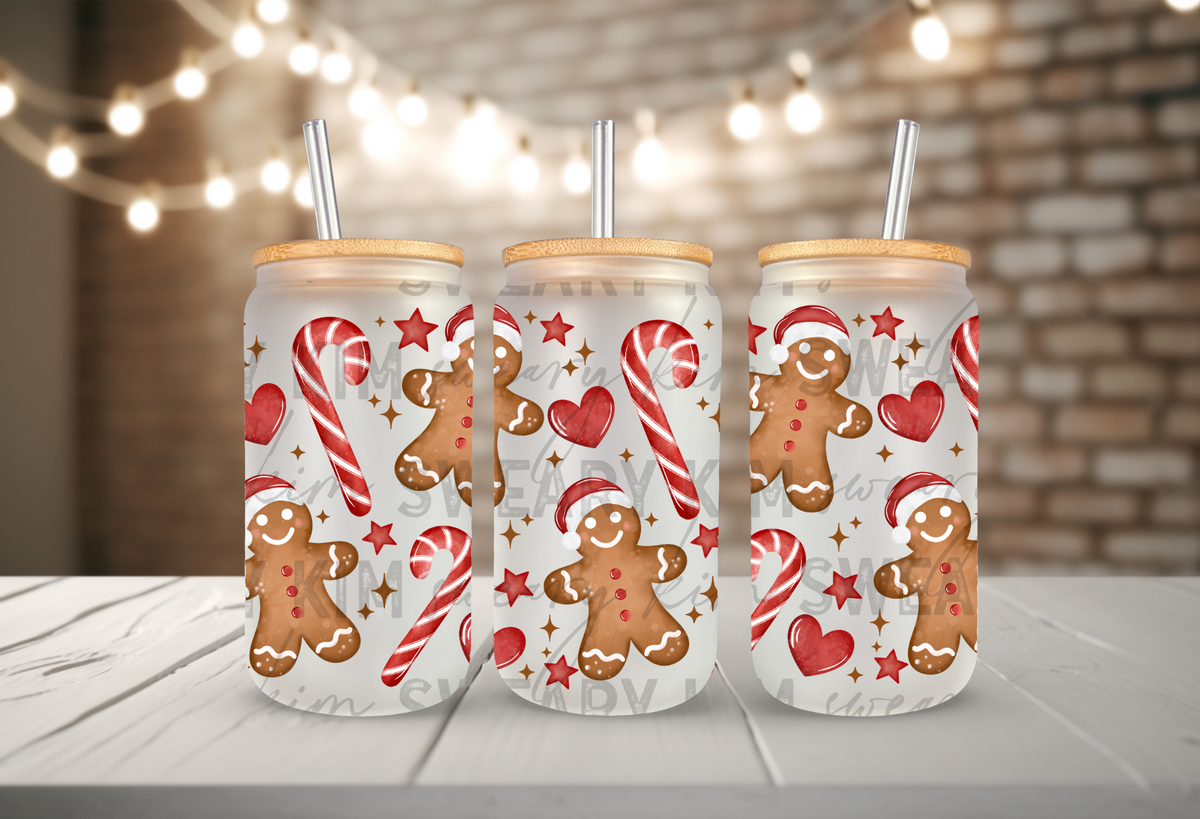 Red Gingerbread Men & Candy Canes UV Dtf 16oz glass can wrap