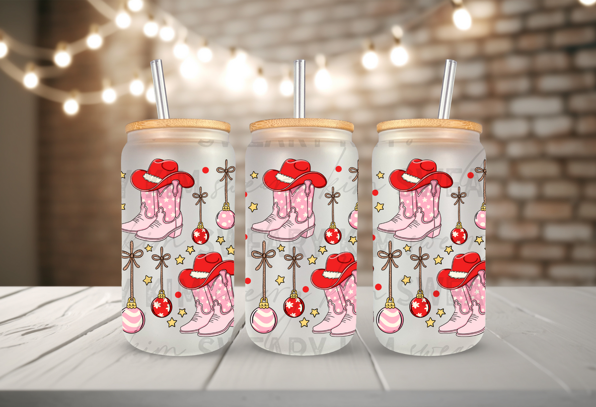 Cowgirl Christmas UV Dtf 16oz glass can wrap