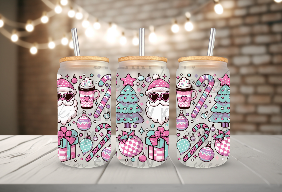 Pastel Santa's, Candy Canes, & Ornaments UV Dtf 16oz glass can wrap