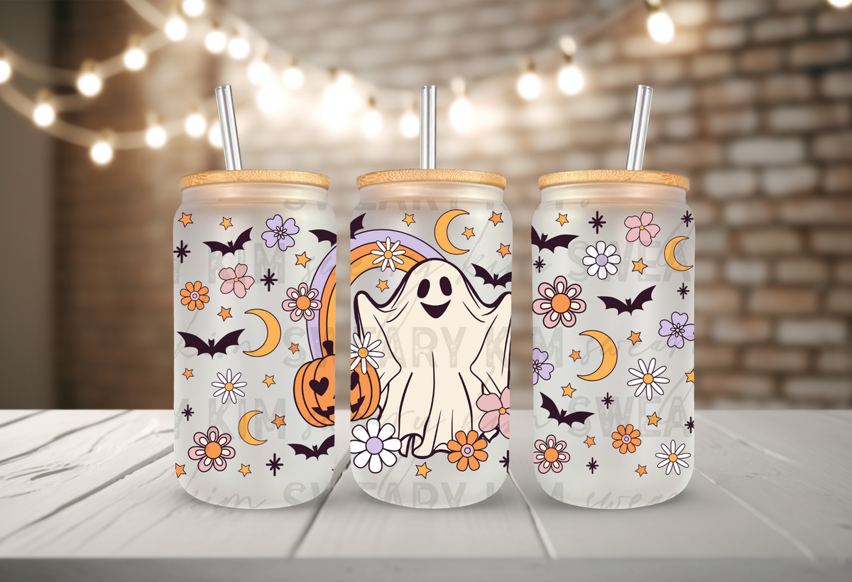 Pastel Ghostie & Retro Flowers UV Dtf 16oz glass can wrap