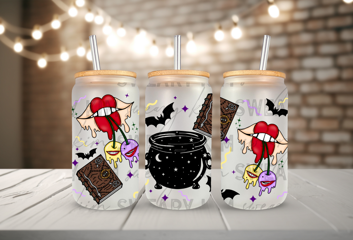 Hocus Pocus Lips, Books, & Cauldron UV Dtf 16oz glass can wrap