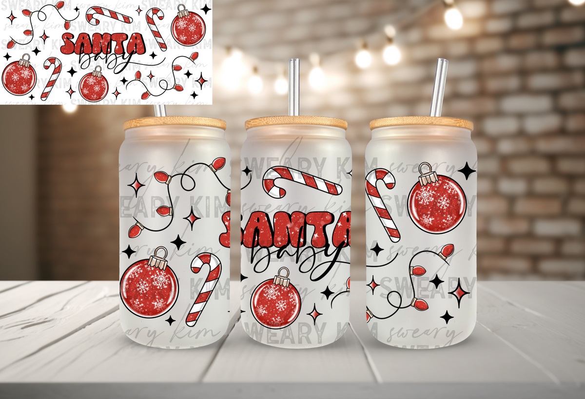 Santa Baby Ornaments & Candy Canes UV Dtf 16oz glass can wrap