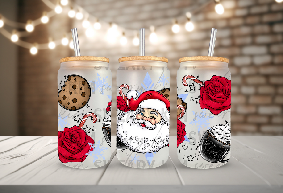 Santa & Roses UV Dtf 16oz glass can wrap