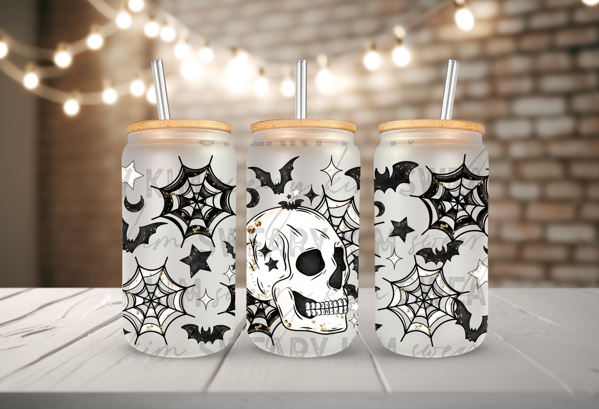 Skull & Webs With Gold Glitter Splatter UV Dtf 16oz glass can wrap