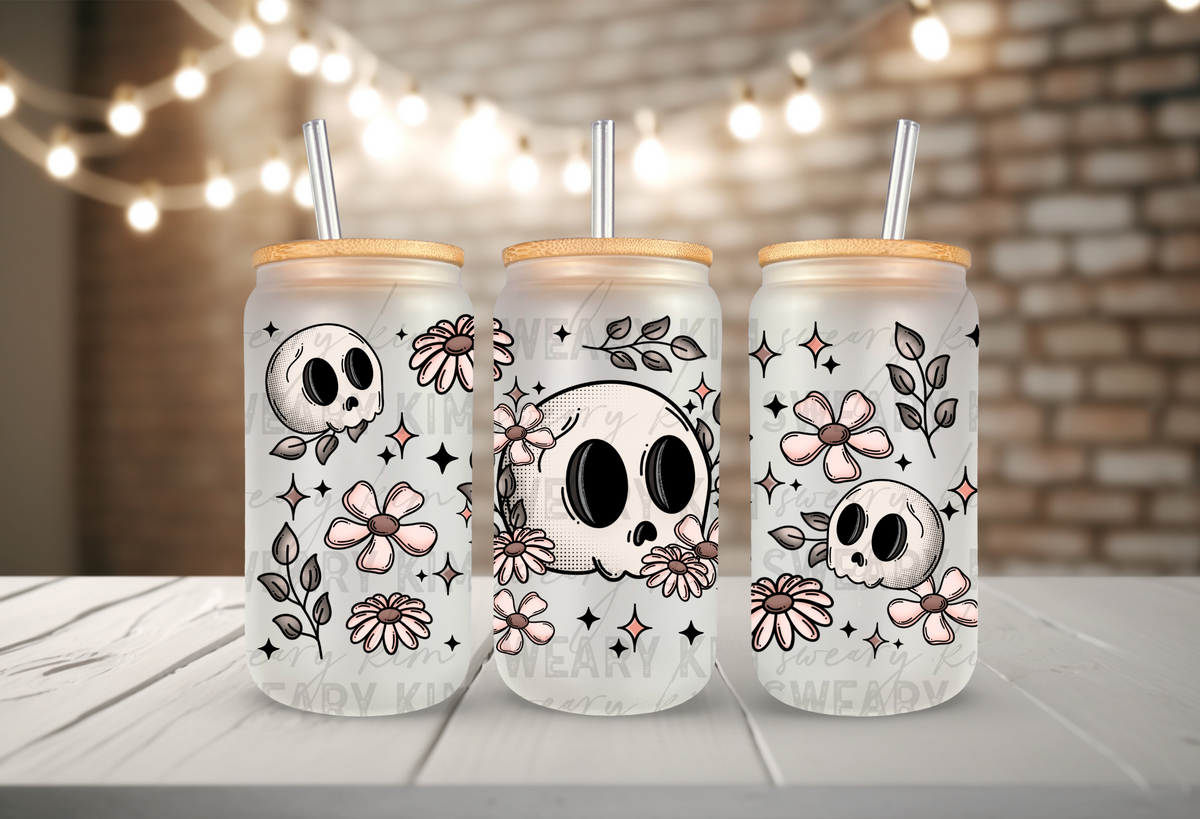Pink Flower Skulls UV Dtf 16oz glass can wrap