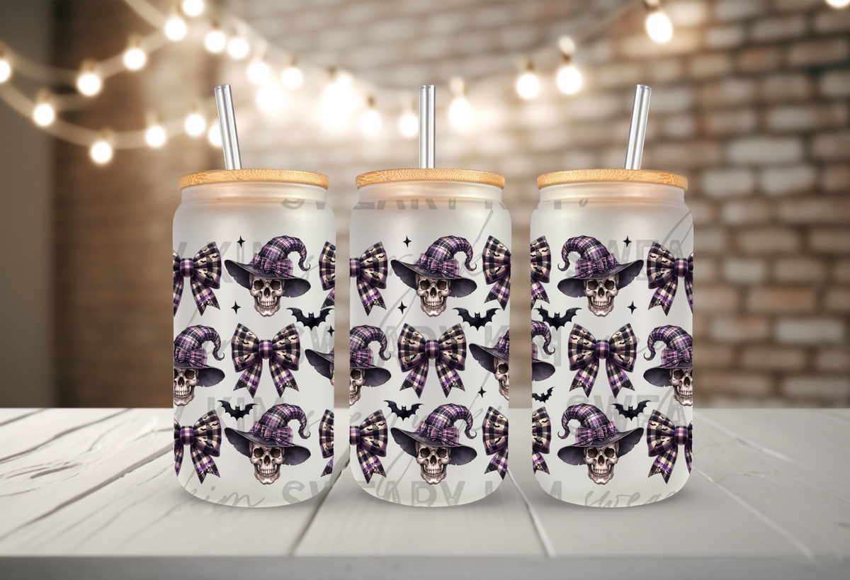 Purple Gingham Skulls & Bows UV Dtf 16oz glass can wrap