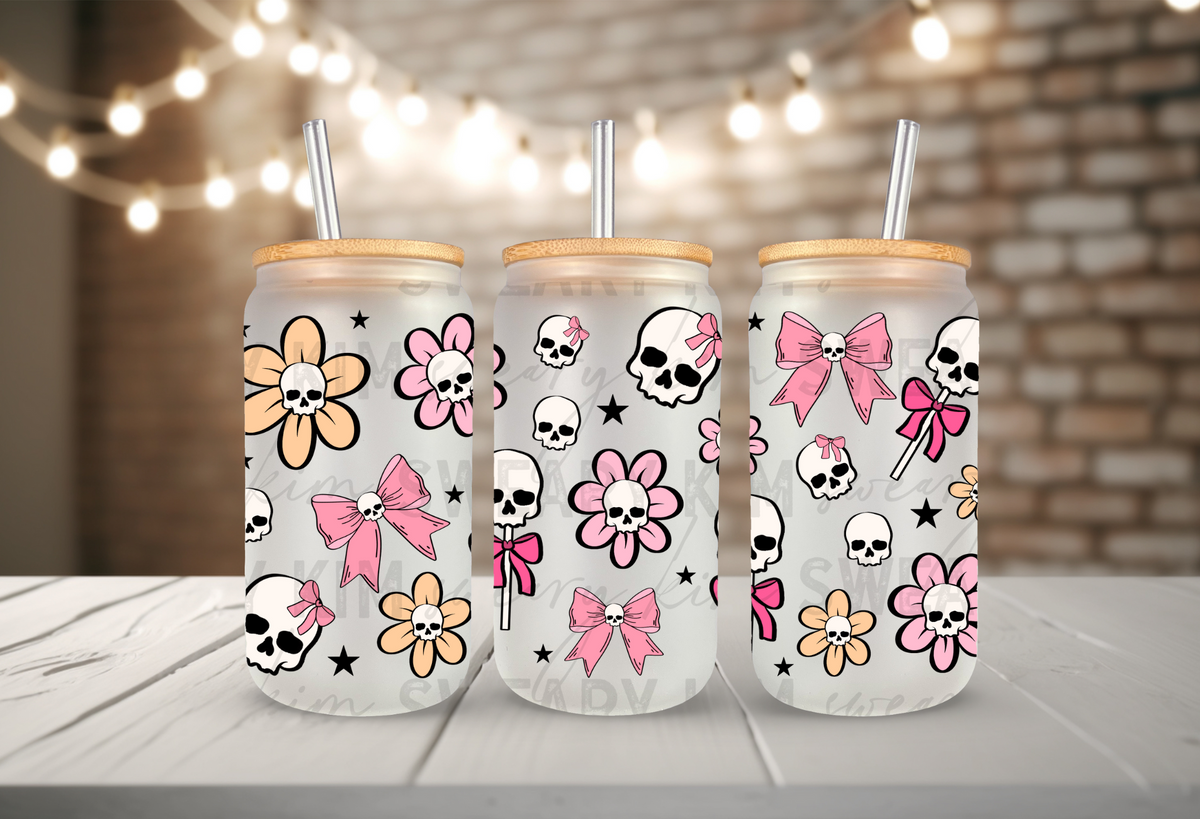 Skellie Bow & Flower Pops UV Dtf 16oz glass can wrap