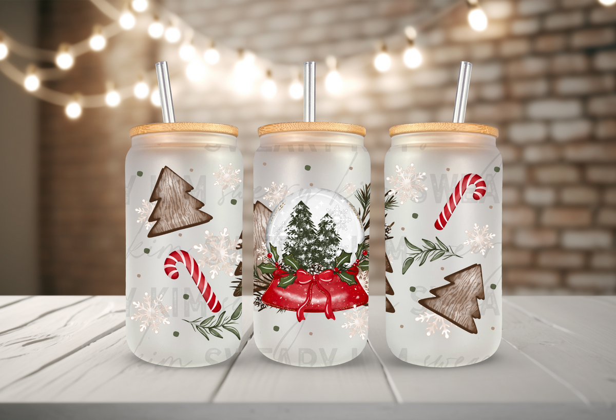 Snowy Christmas Snow Globe UV Dtf 16oz glass can wrap