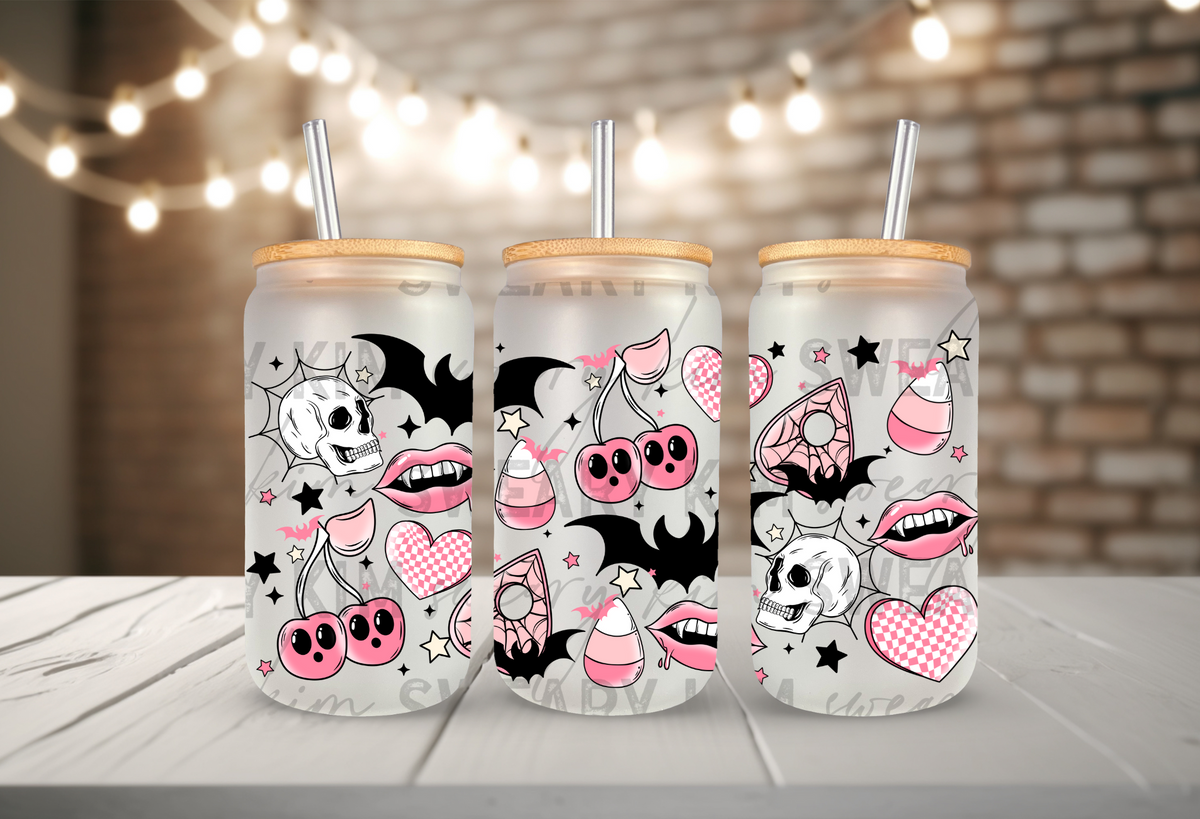 Pink Vampire Teeth & Planchettes UV Dtf 16oz glass can wrap