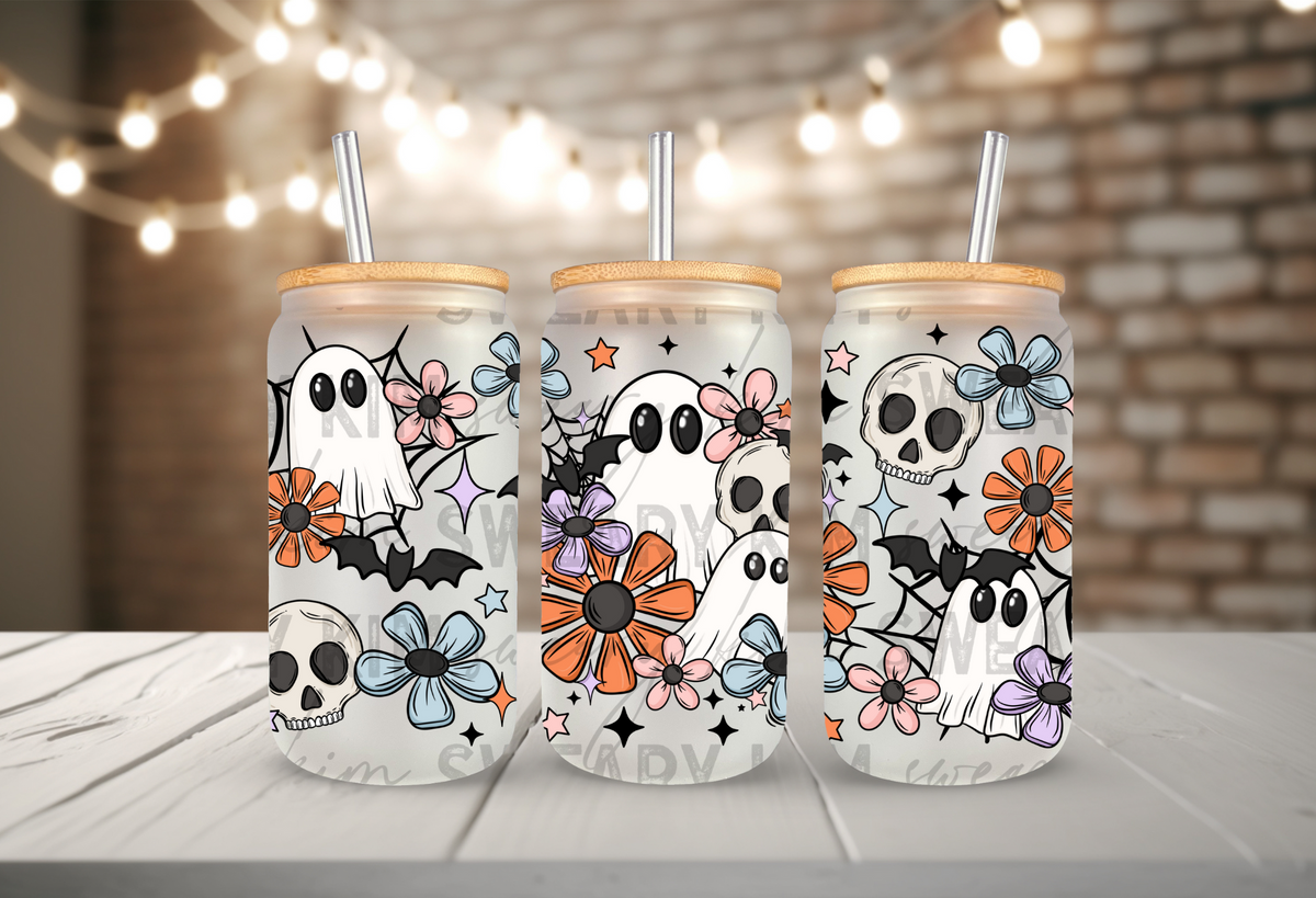 Ghosts, Flowers, Skulls, Bats, & Webs UV Dtf 16oz glass can wrap