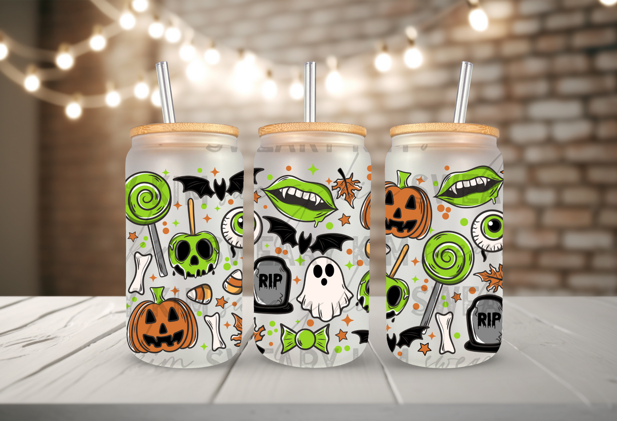 Neon Green & Orange Spooky Doodles UV Dtf 16oz glass can wrap