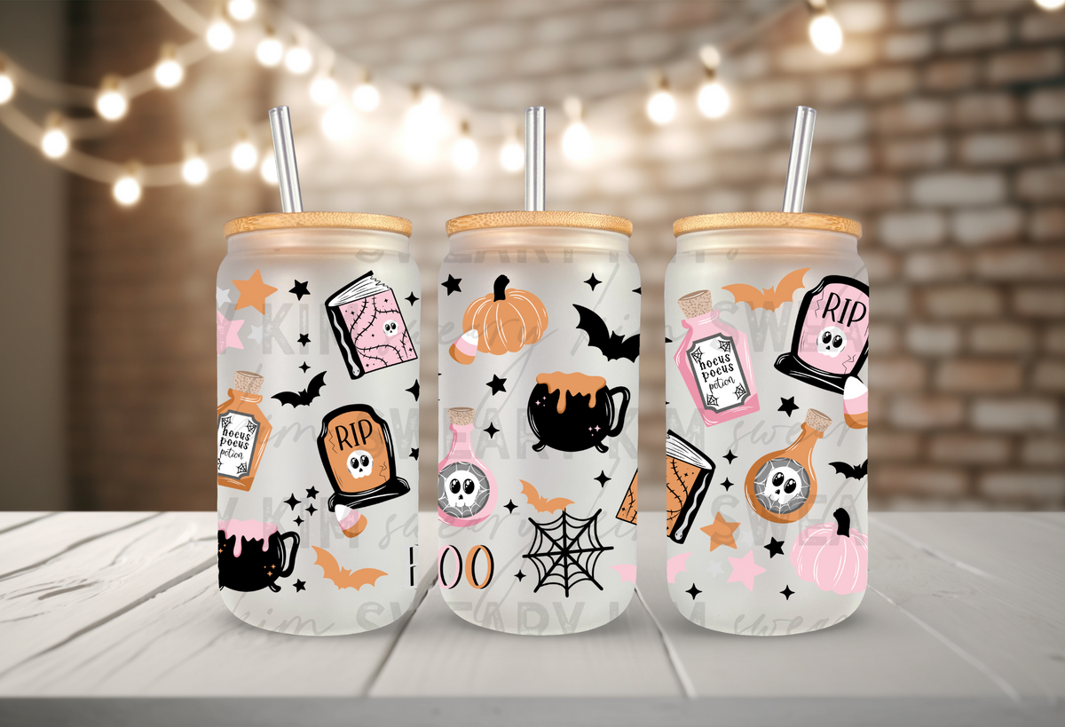 Boo, Cauldrons, Pumpkins & Potions UV Dtf 16oz glass can wrap