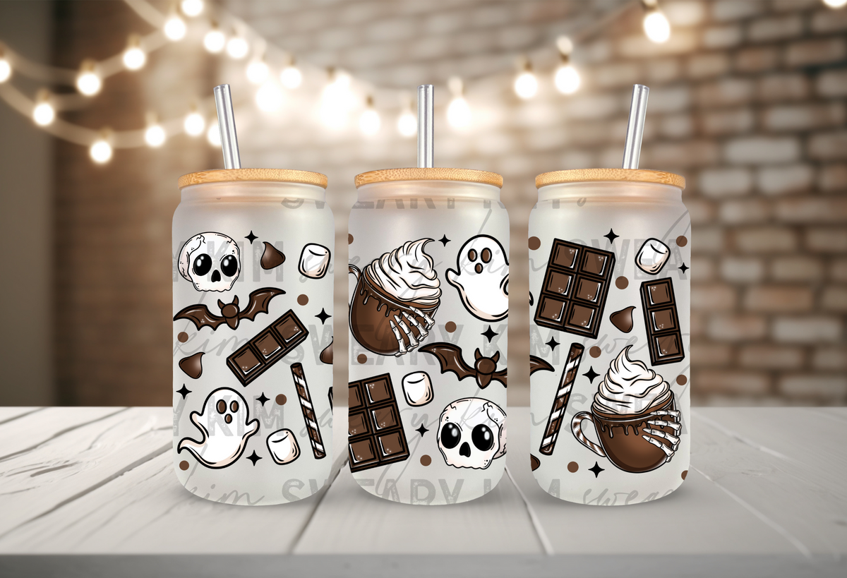 Spooky Chocolate UV Dtf 16oz glass can wrap