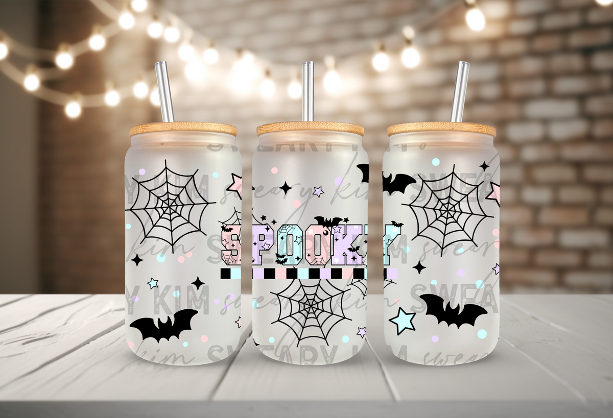 Varsity Spooky UV Dtf 16oz glass can wrap