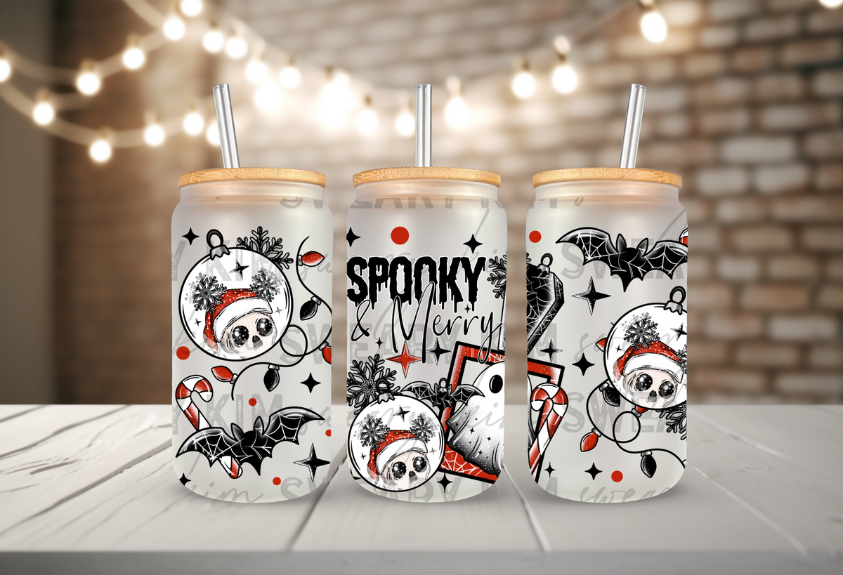 Spooky & Merry UV Dtf 16oz glass can wrap