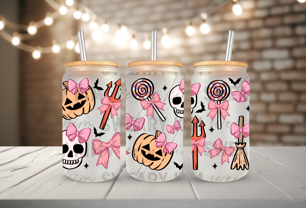 Exclusive Pumpkin, Skulls, & Bows UV Dtf 16oz glass can wrap