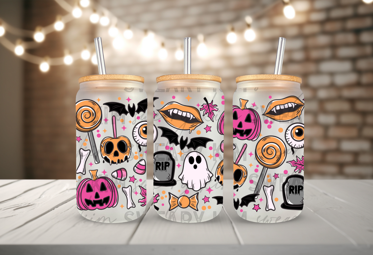 Neon Pink & Orange Spooky Doodles UV Dtf 16oz glass can wrap