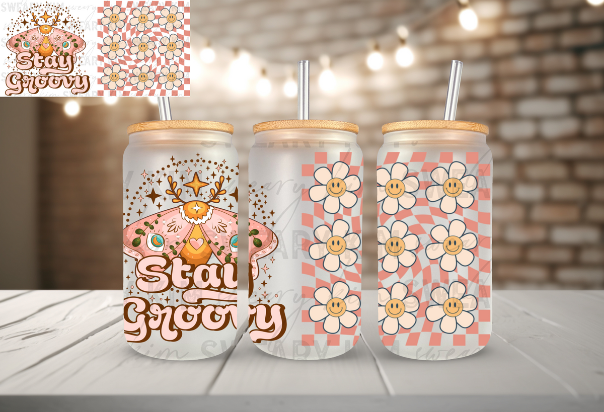 Stay Groovy UV Dtf 16oz glass can wrap