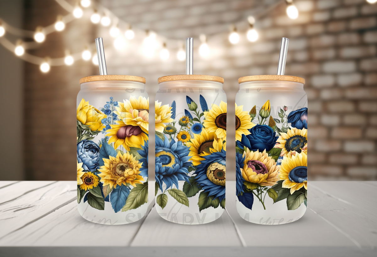 Blue & Yellow Sunflowers UV Dtf 16oz glass can wrap