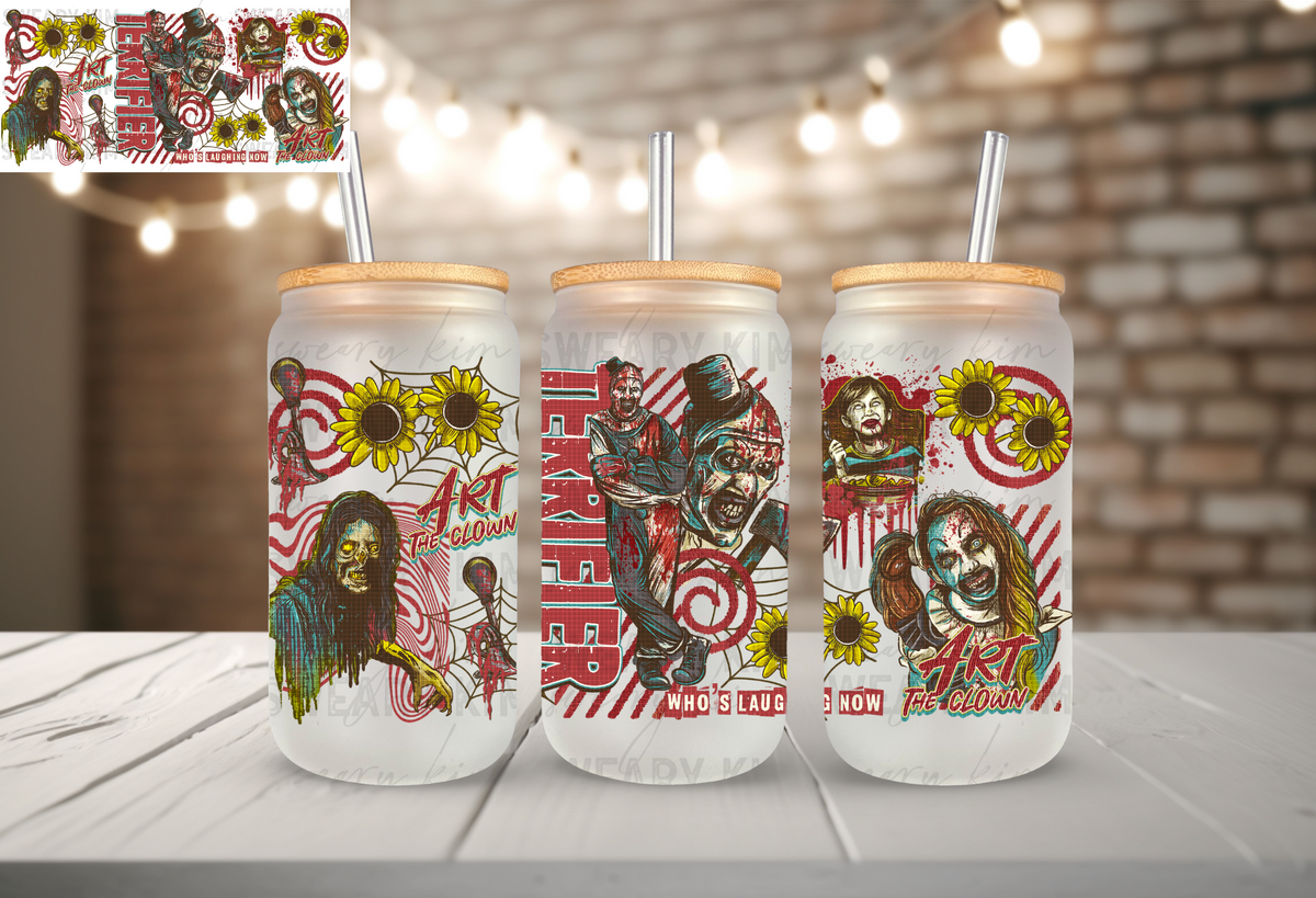 Digitized Terrifier Art Clown UV Dtf 16oz glass can wrap
