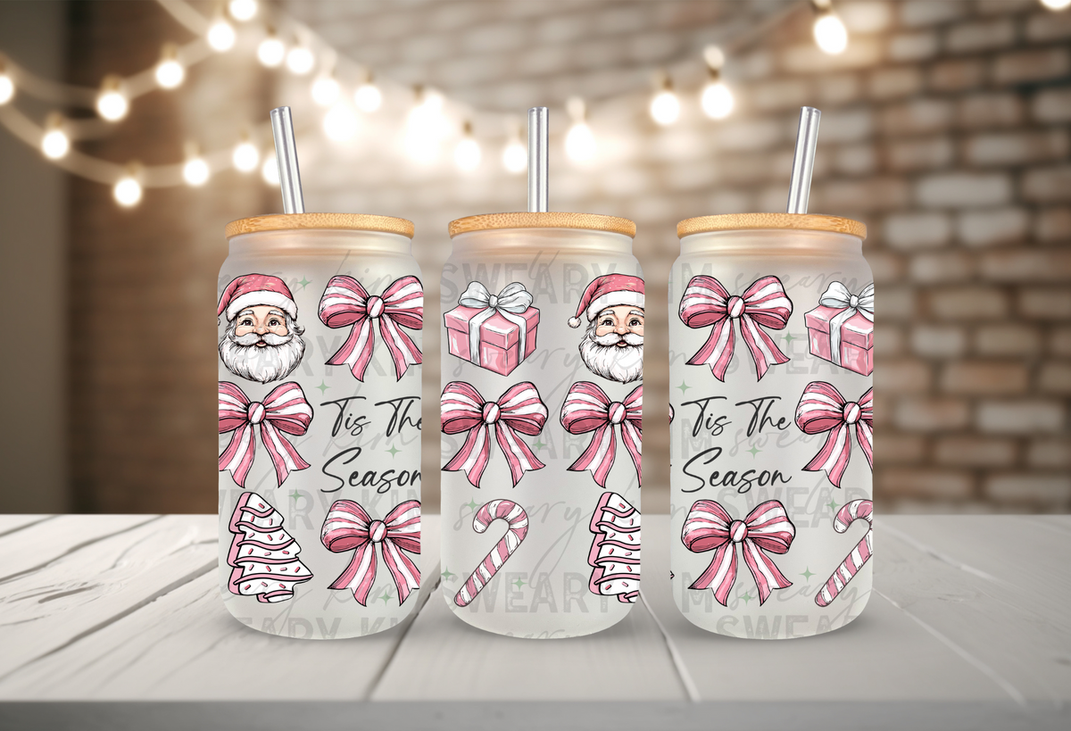 Tis The Season Pink Santa's & Presents UV Dtf 16oz glass can wrap