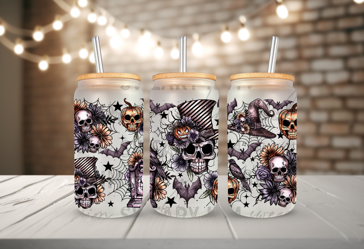 Pumpkin Skulls & Bats UV Dtf 16oz glass can wrap