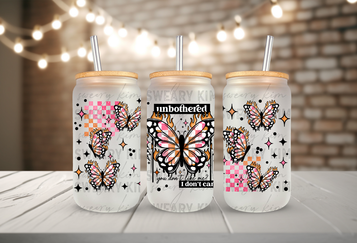 Unbothered Neon Butterflies UV Dtf 16oz glass can wrap