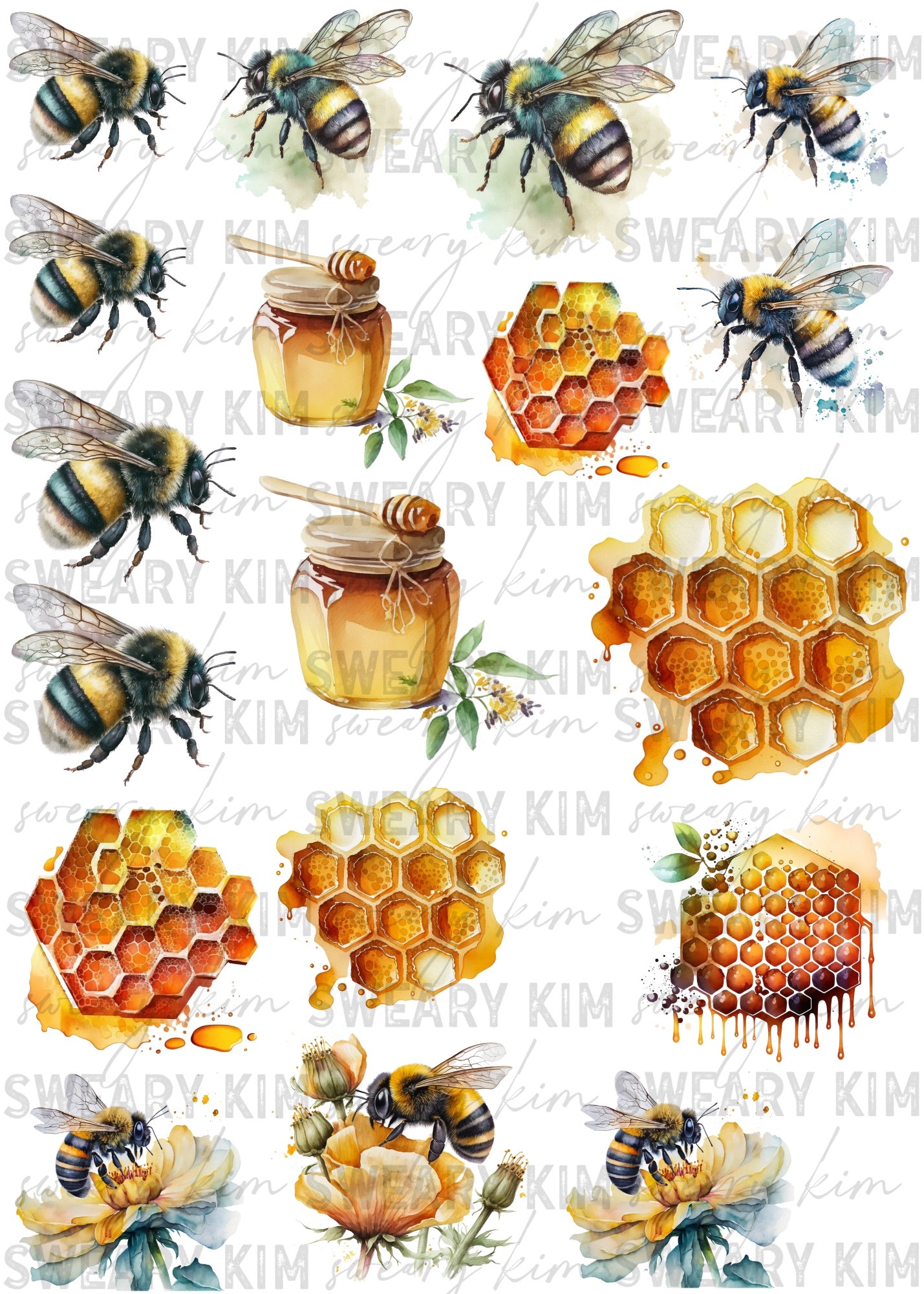 Watercolor Honey Bee UV Dtf Element Sheet 7.5inx10.5in