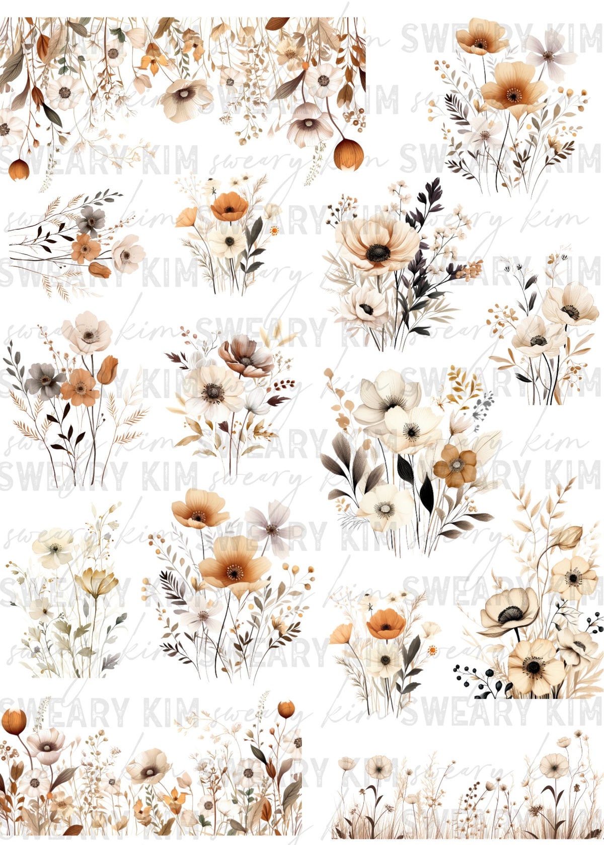 Cream Watercolor Wildflowers UV Dtf Element Sheet 7.5inx10.5in