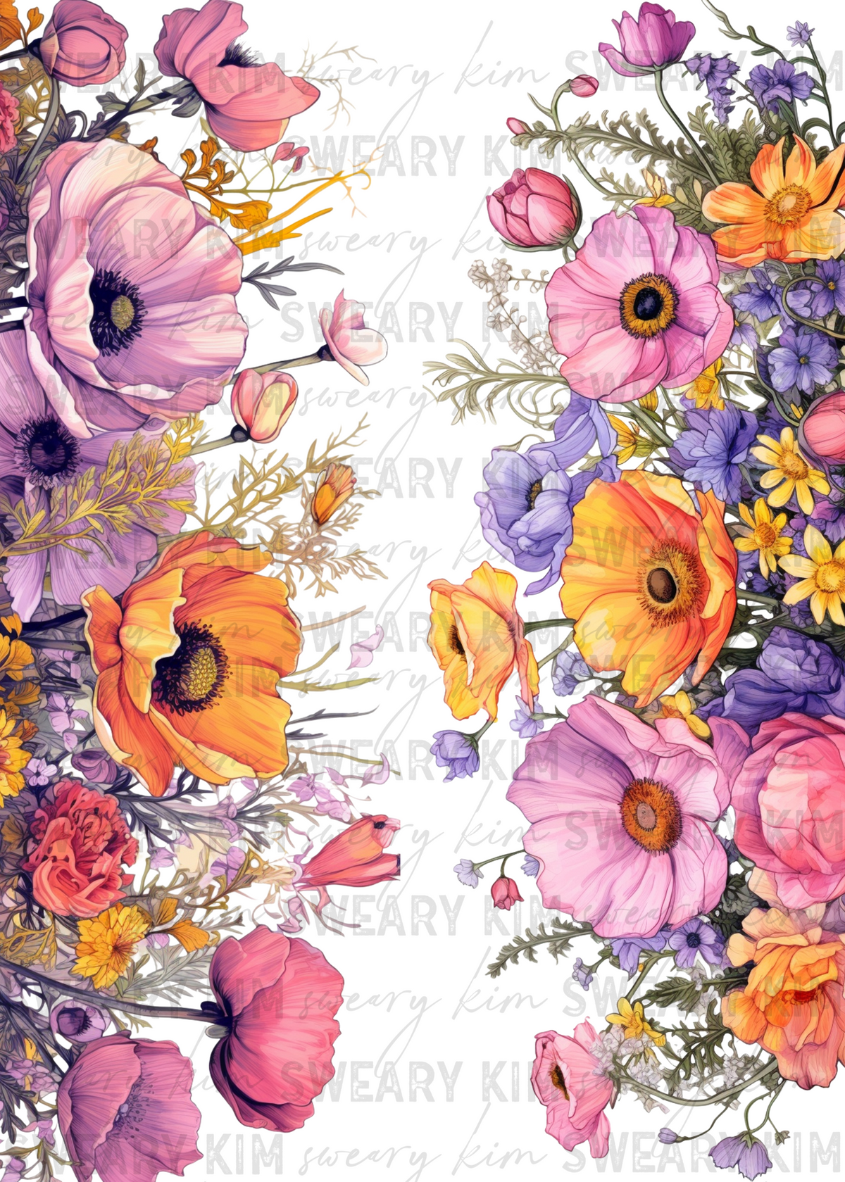 Purple & Orange Poppy Floral Borders UV Dtf Element Sheet