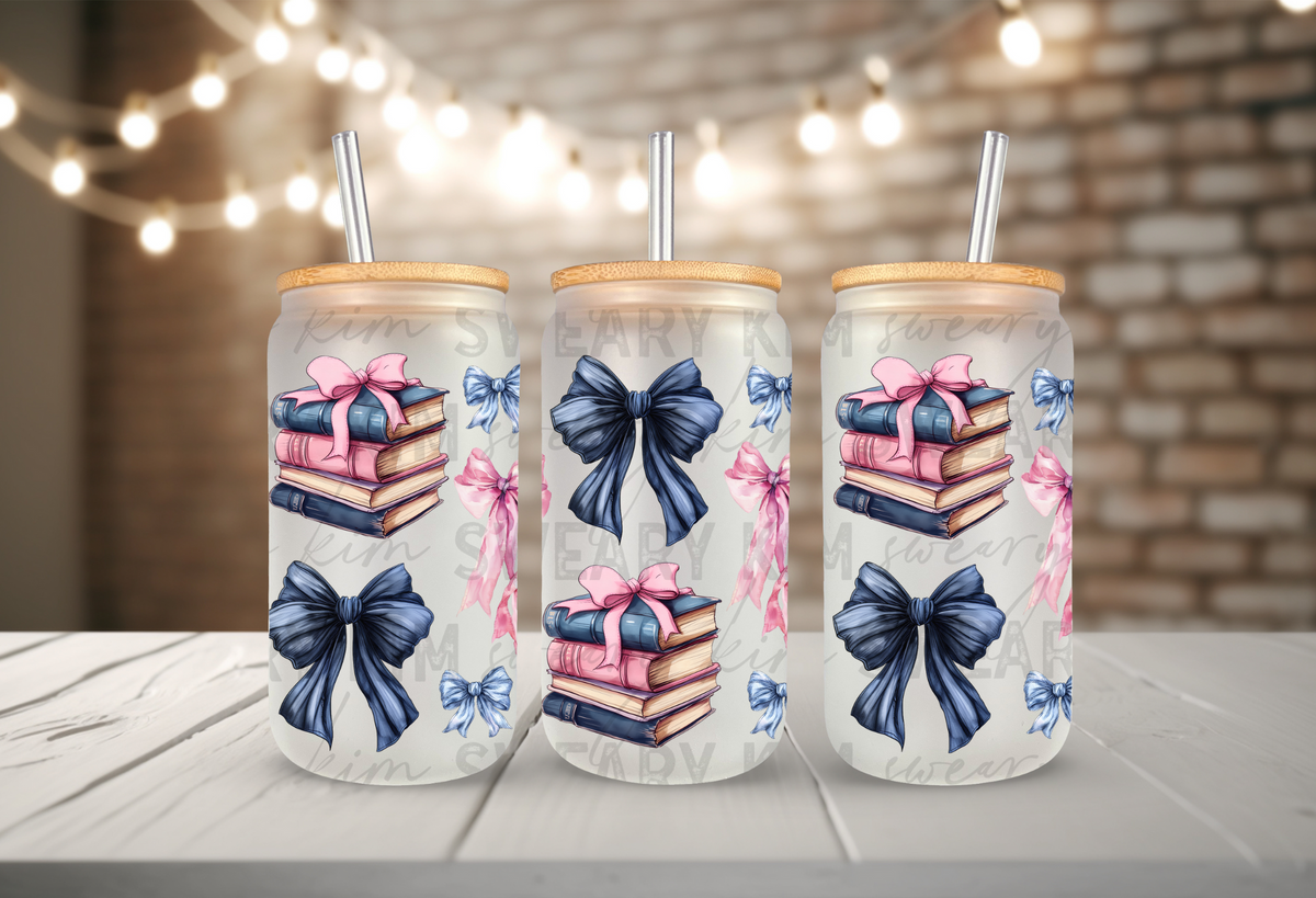 Pink & Blue Bows & Books UV Dtf 16oz glass can wrap