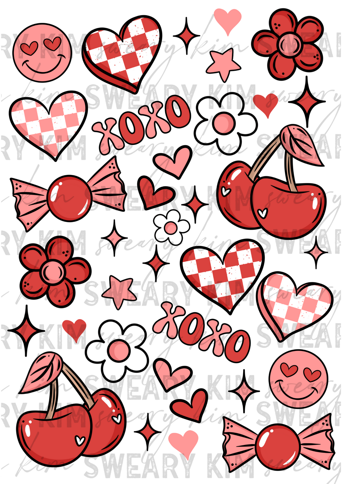 Exclusive XOXO Cherries & Checkered Hearts UV Dtf Element Sheet