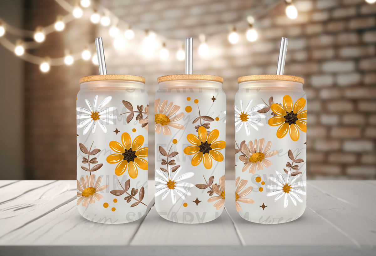 Sunflowers & Neutral Flowers UV Dtf 16oz glass can wrap