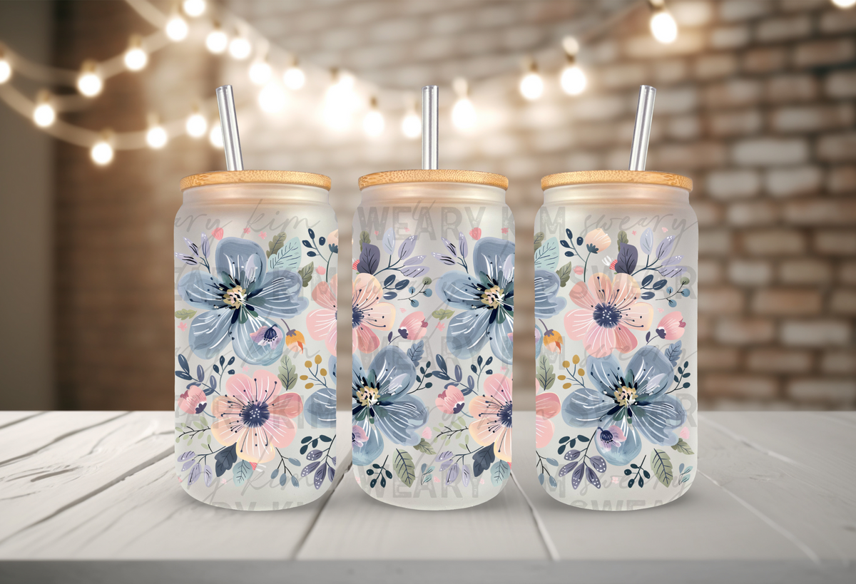 Dainty Blue & Blush Flowers UV Dtf 16oz glass can wrap