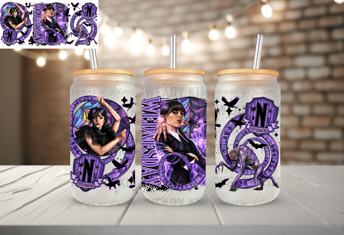 Wednesday UV Dtf 16oz glass can wrap