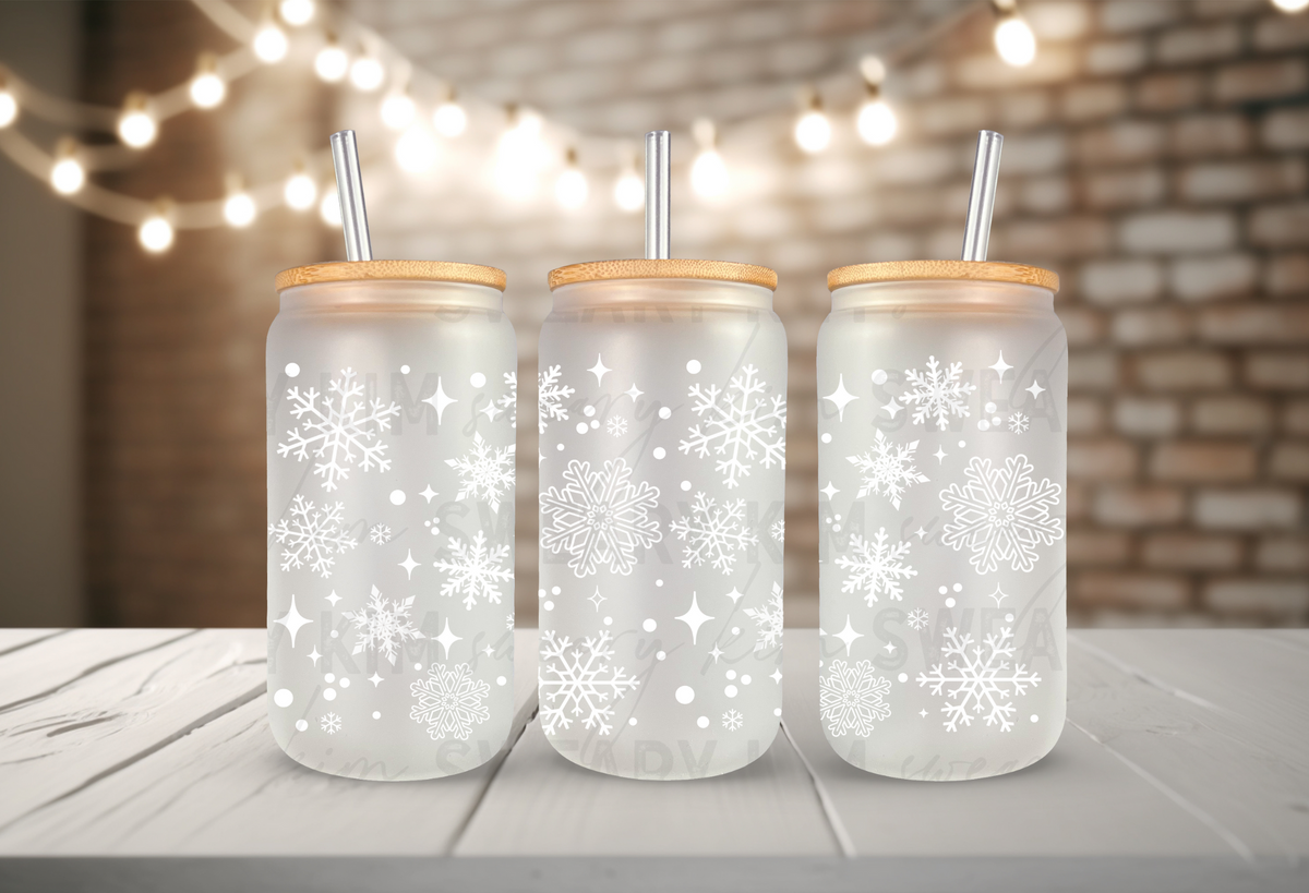 White Snowflakes UV Dtf 16oz glass can wrap