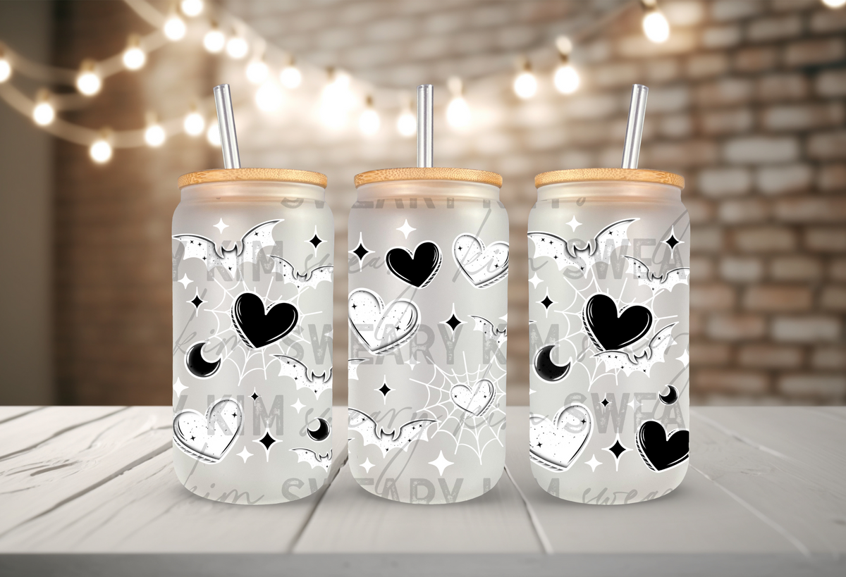 White Bats, Hearts, & Webs UV Dtf 16oz glass can wrap