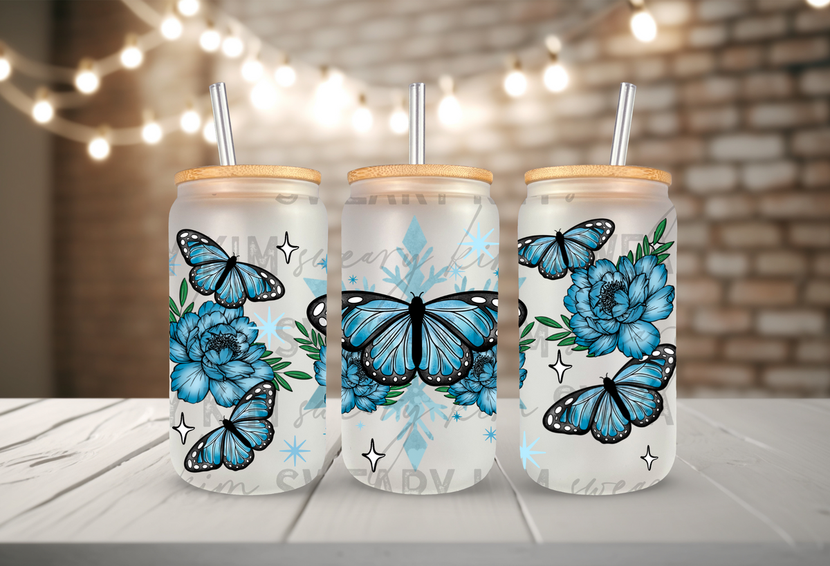 Winter Butterflies UV Dtf 16oz glass can wrap