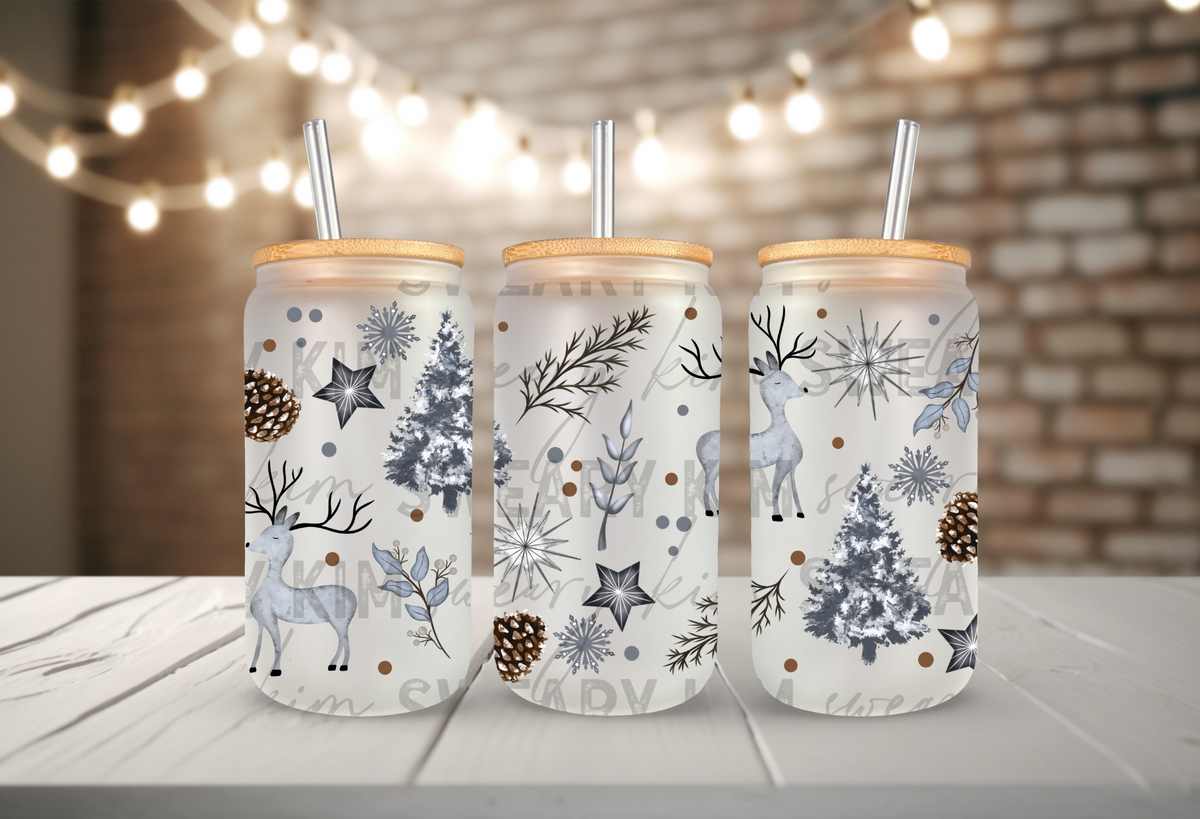 Smokey Blue Watercolor Winter Scene UV Dtf 16oz glass can wrap