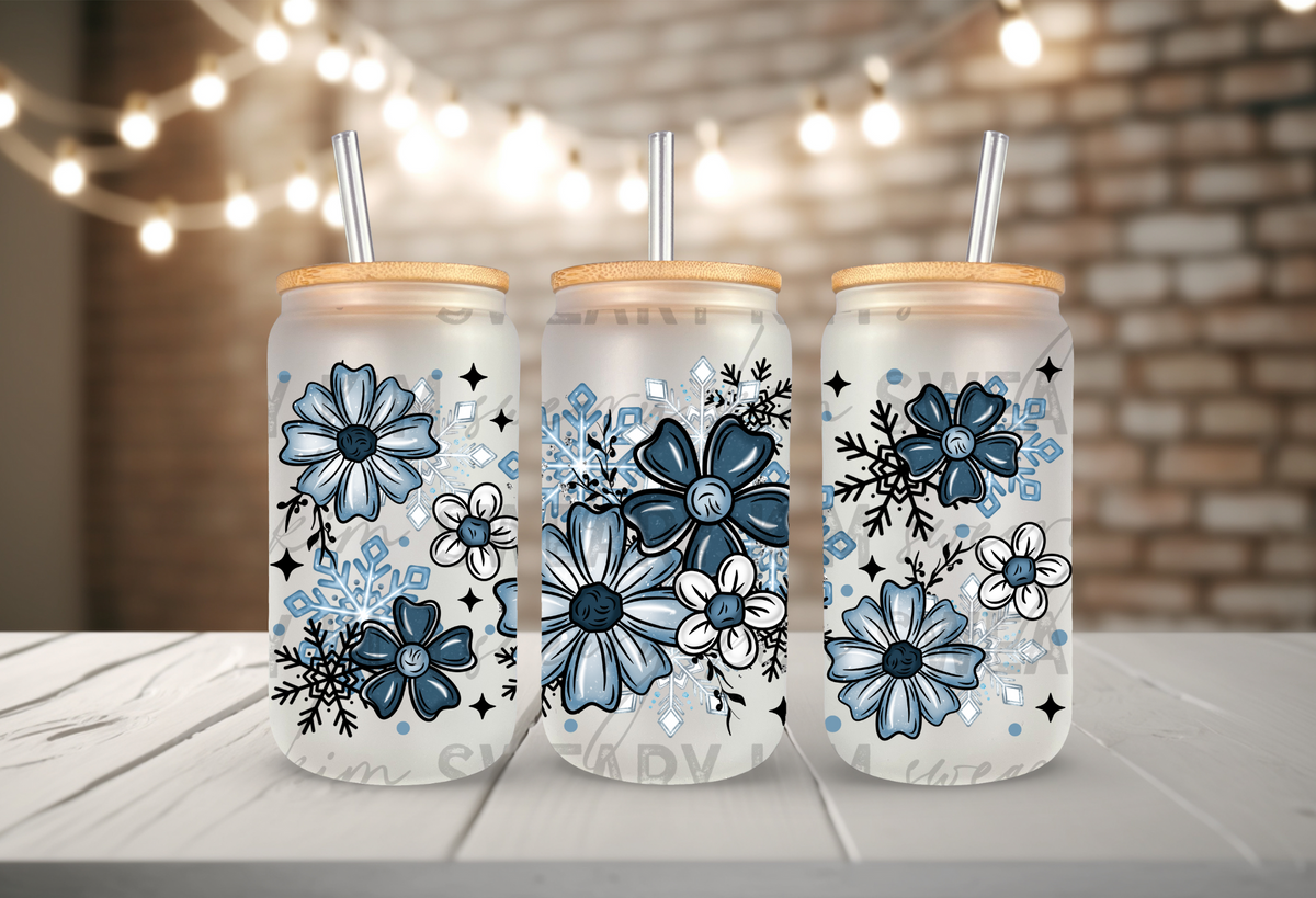 Frozen Winter Florals UV Dtf 16oz glass can wrap