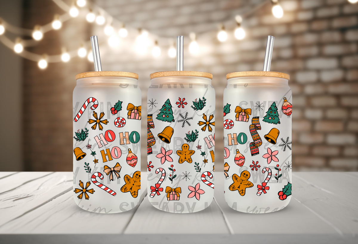 Ho Ho Ho Doodles UV Dtf 16oz glass can wrap